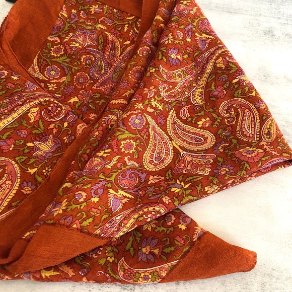 Handloom Pure Silk Scarf India Vibrant Rich Burnt Orange Terracotta  43”x43” - Picture 12 of 16